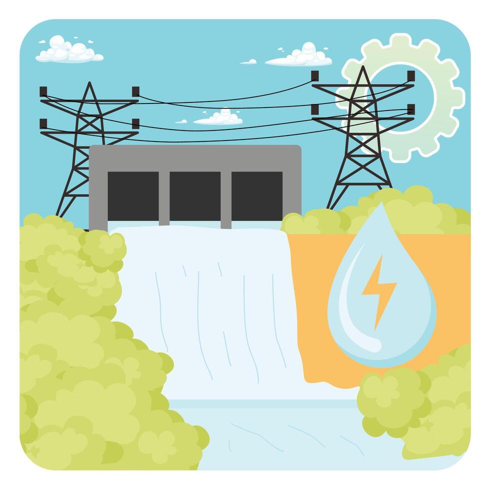Hydro power. Hydroelectric Power Station Generating Renewable Energy Through Water Flow. vector
