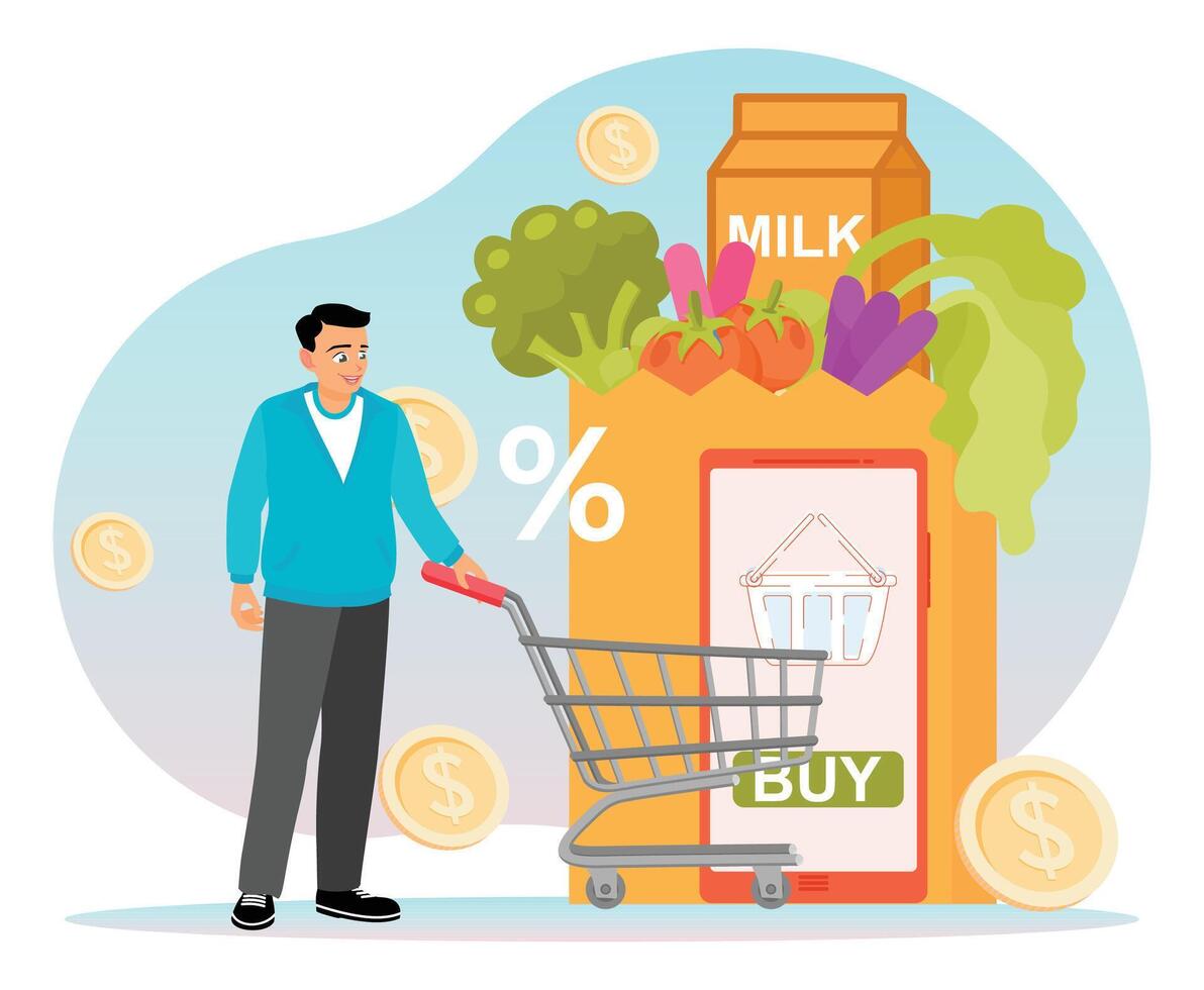 Online Grocery Shopping with Man, Trolley, Groceries and Smartphone. vector
