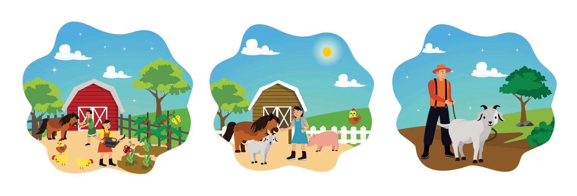 Farm scenes with animals and children vector
