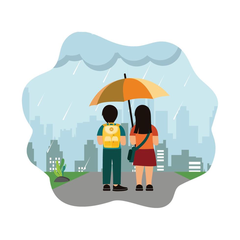 Two students walking in the rain with umbrellas. vector