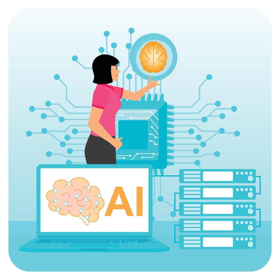 Woman embraces server with AI and Brain Icon. vector