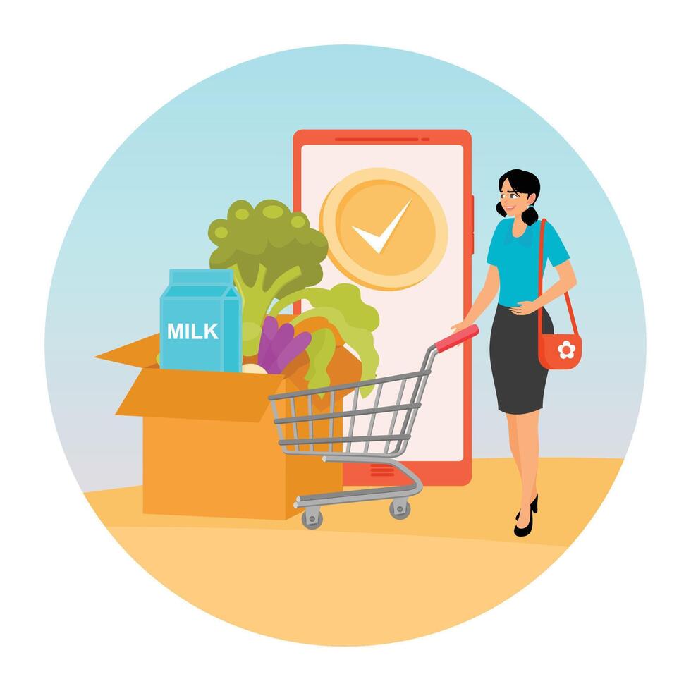 Woman Shopping Online With Mobile and Grocery Items. vector