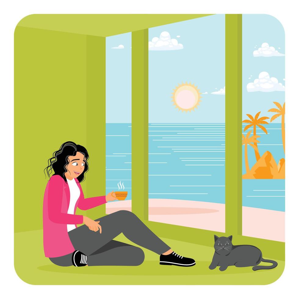 Young Thoughtful Woman Drinking Coffee and Relaxing by a Window with a Cat and Ocean View. vector