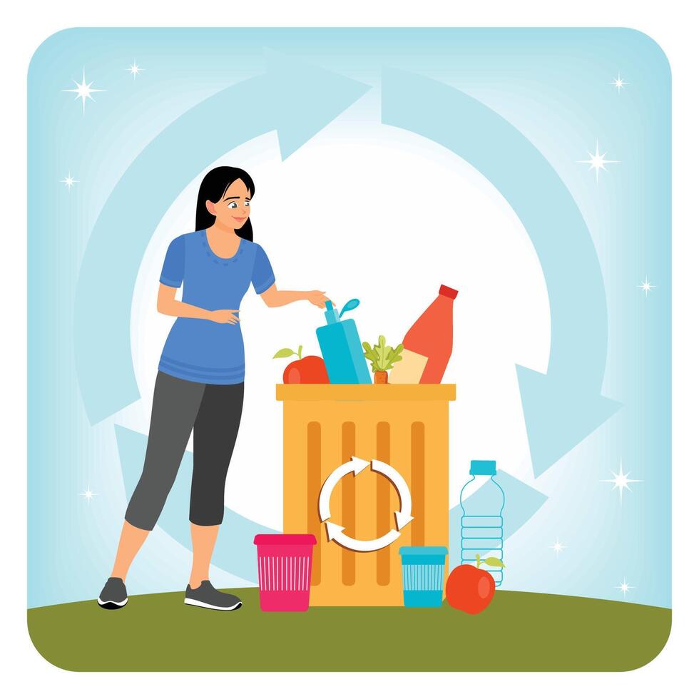 Zero Waste. Woman Recycling Plastic and Organic Waste in an Eco-Friendly Environment. vector