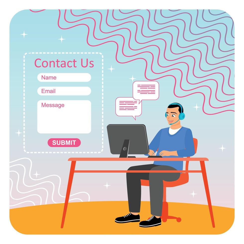 Customer Support Representative at Workplace with Headphones, Microphone and Laptop. vector