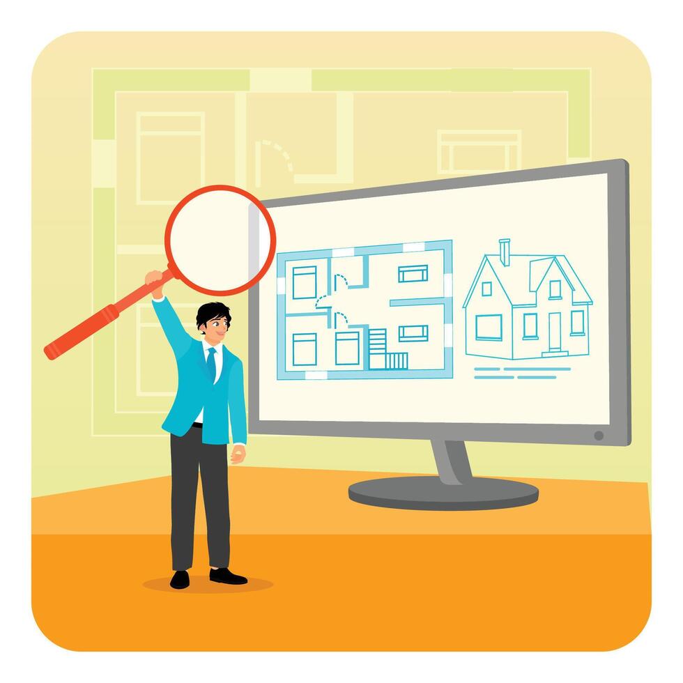 Real Estate Floor Plan. Architectural Plans on a Screen with Magnifying Glass. vector