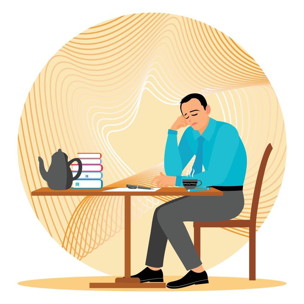 A Young Man in Thought Sitting at a Table with a Pile of Books in Front of Him. vector