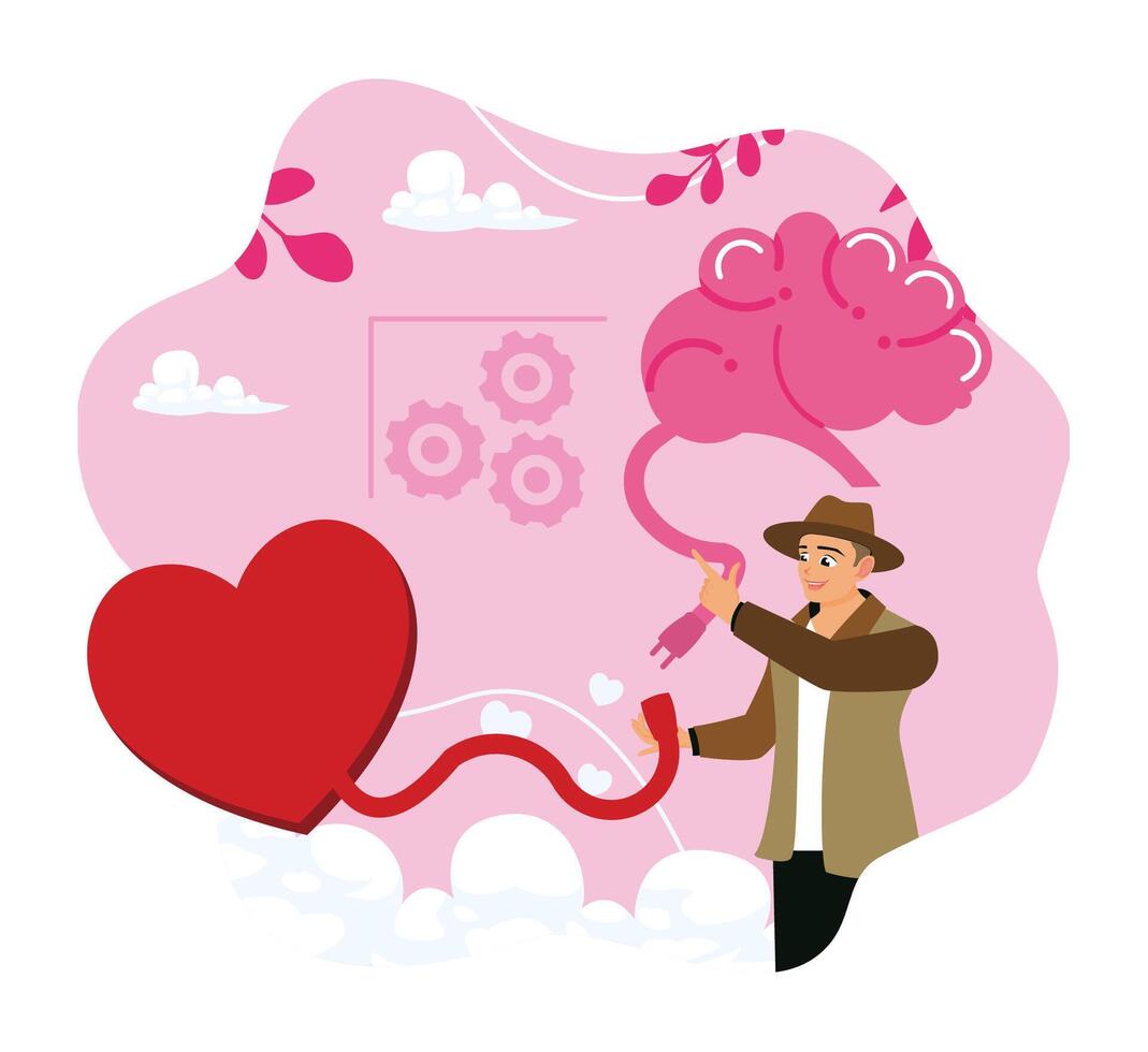 Man connect heart feeling with logical thinking brain. vector
