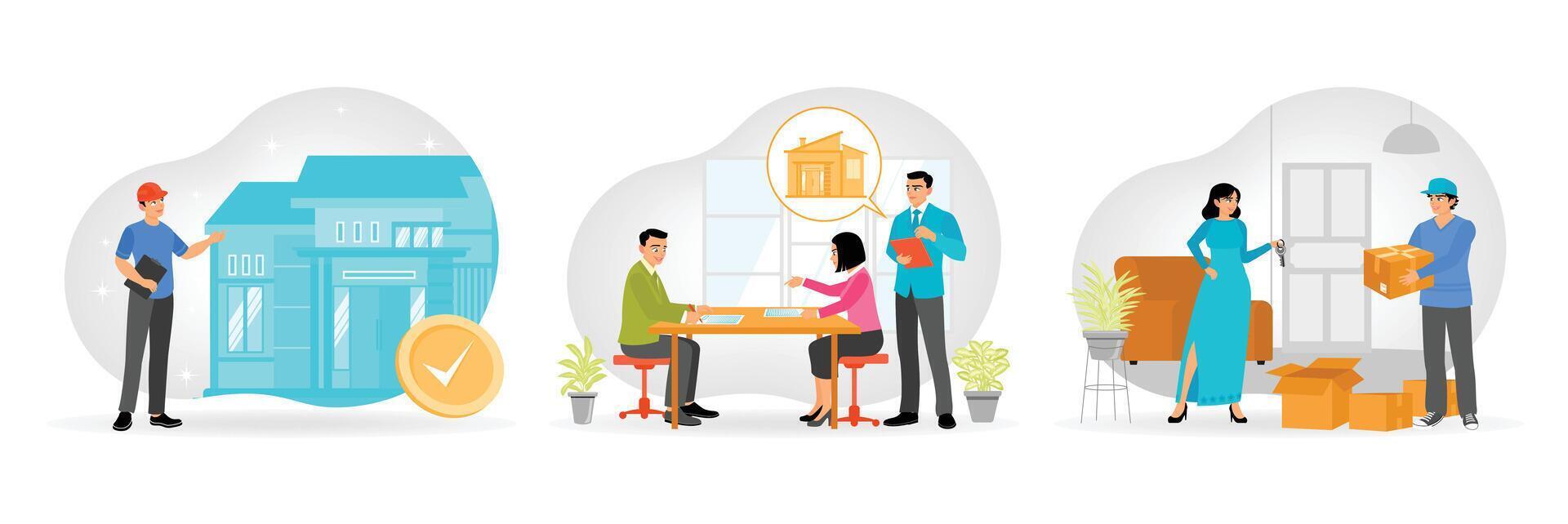 Real estate inspection. Property agent and client sign legal documents in the office. vector