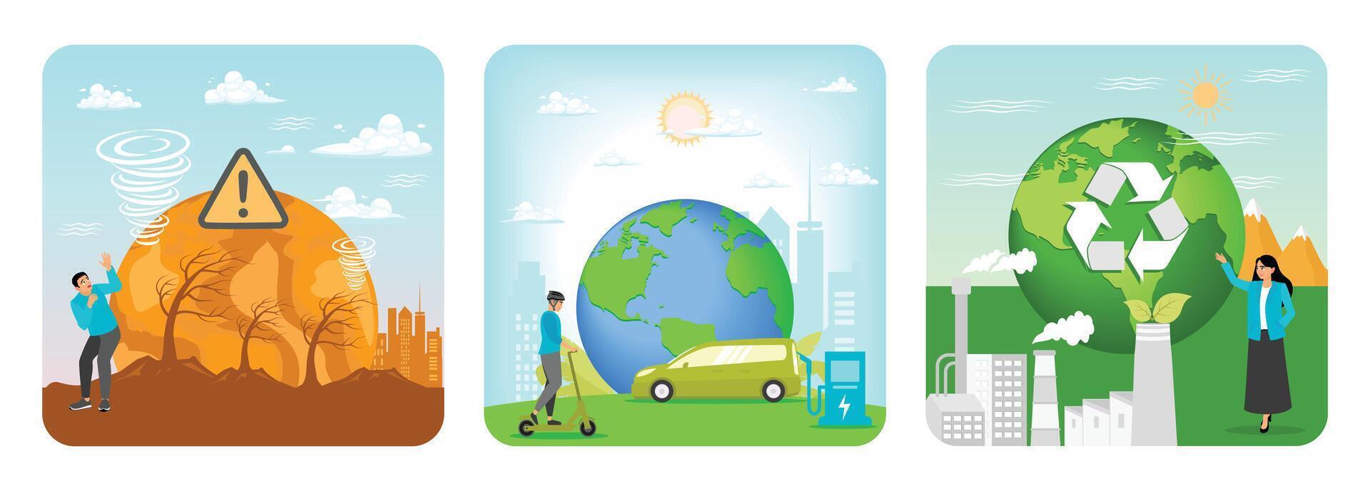 Environmental Crisis. Change Climate Scenes. Choosing Renewable Resources. vector