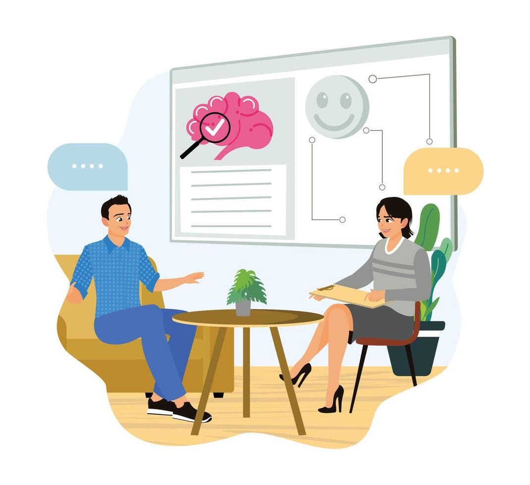 Patients consult with psychiatrists using mental health apps. vector