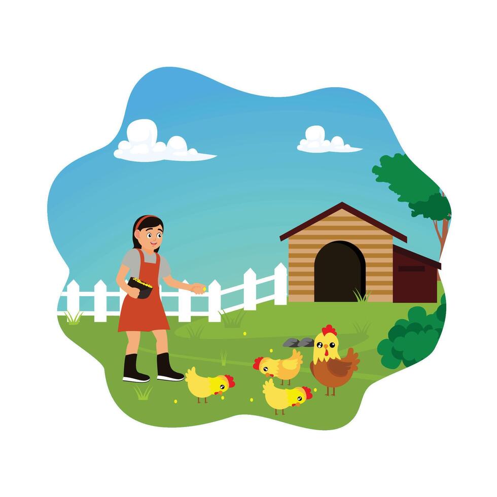 A little girl feeds chickens outdoors. vector