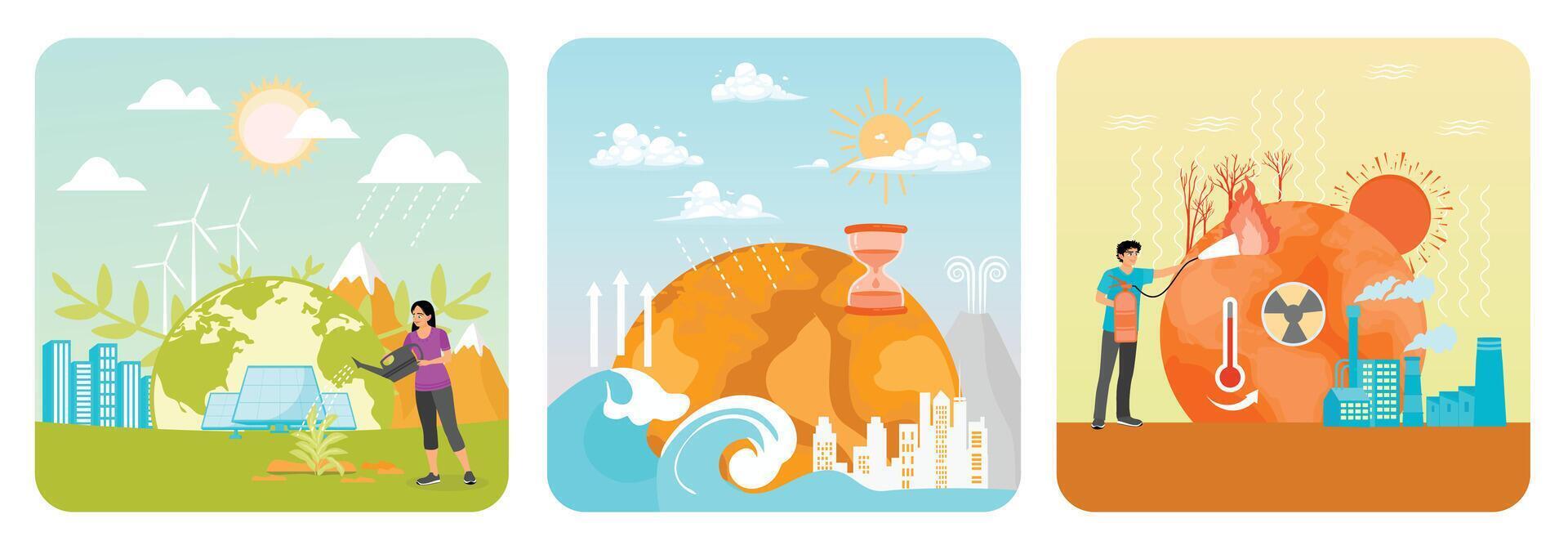 World Environment Day. Global Warming Effects. Extinguishing Forest Fire. vector
