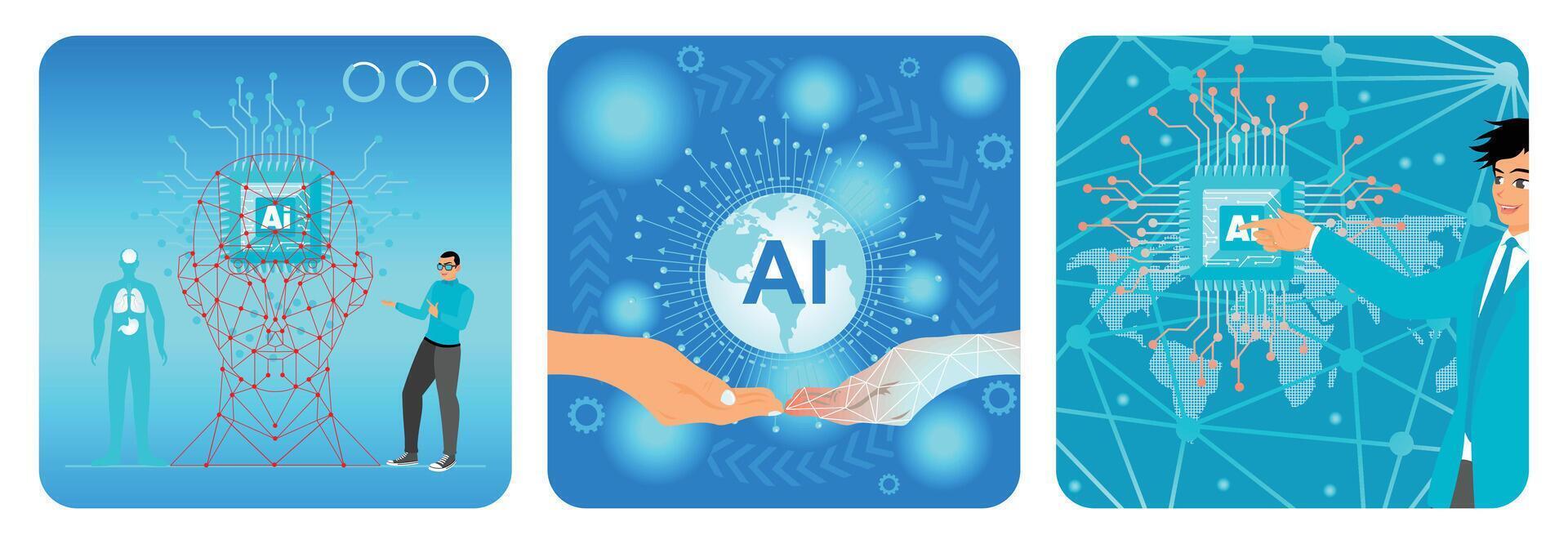 Integration of Advanced AI. Artificial Intelligence Collaboration. AI in Global Business. vector