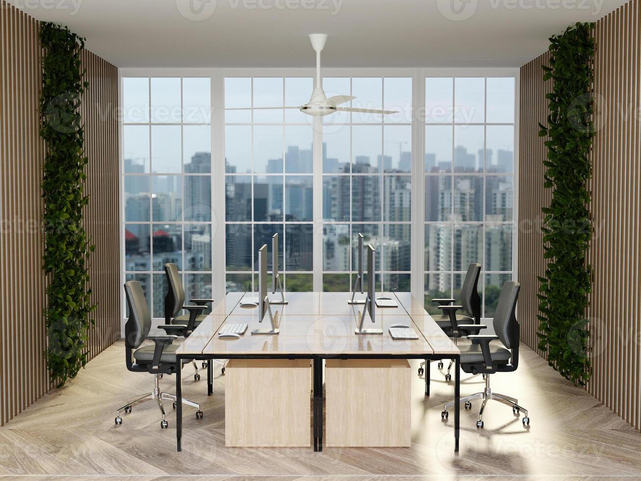Sustainable office space layout with greenery for improved work environment. 3D render illustration photo