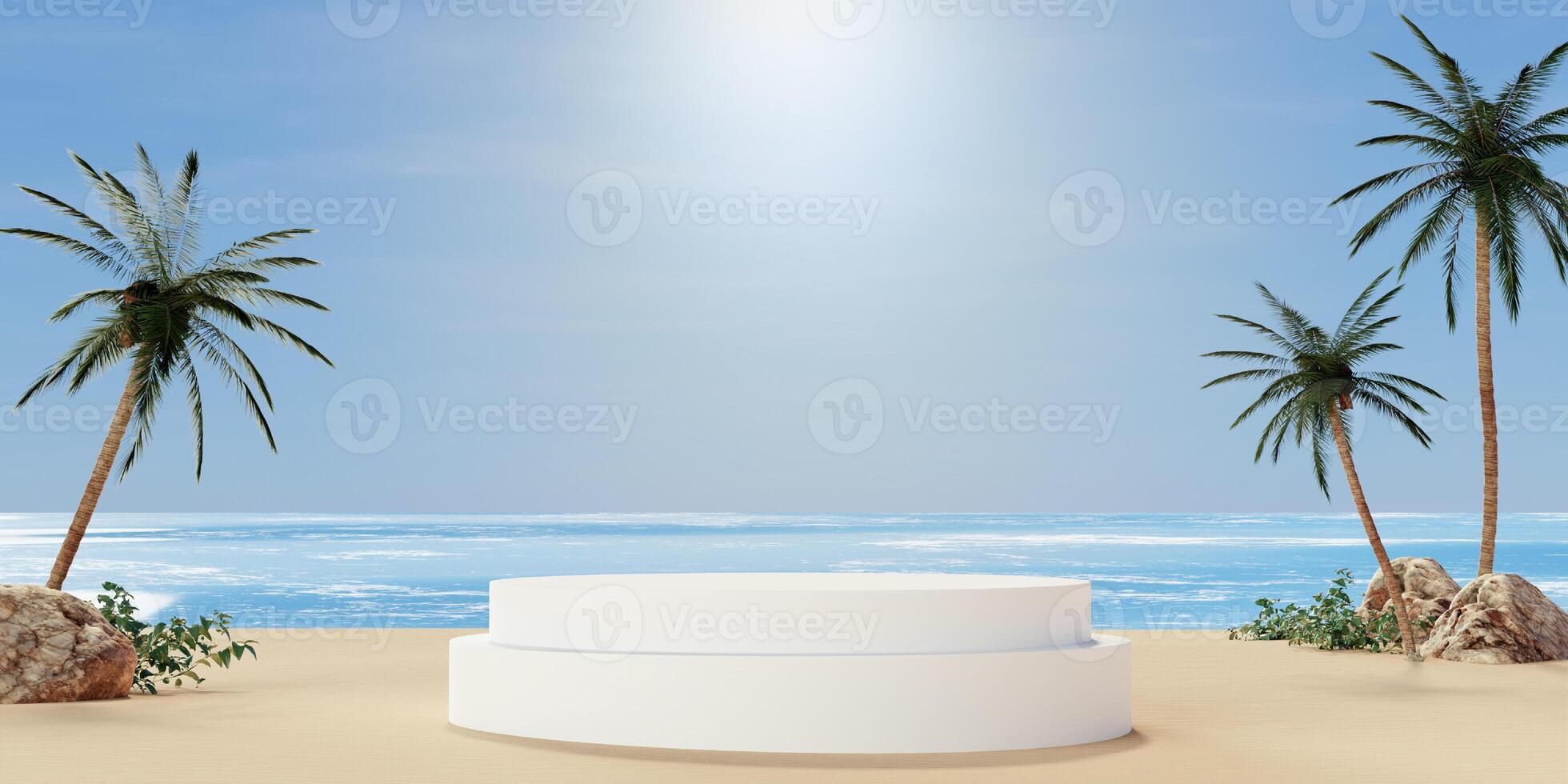Bright beach display with circular design under sunny skies, 3D render illustration. photo