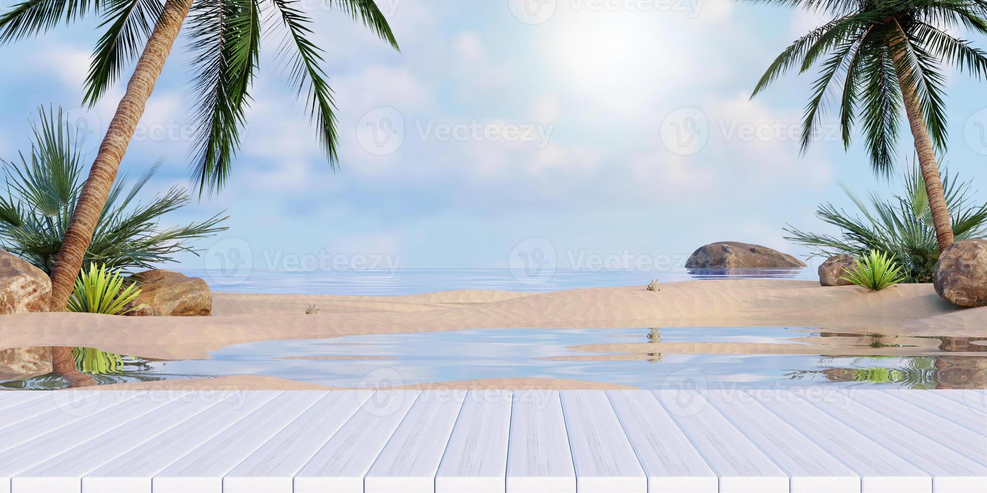 Calm Tropical Beach Reflection with Verdant Palms, 3D render illustration photo
