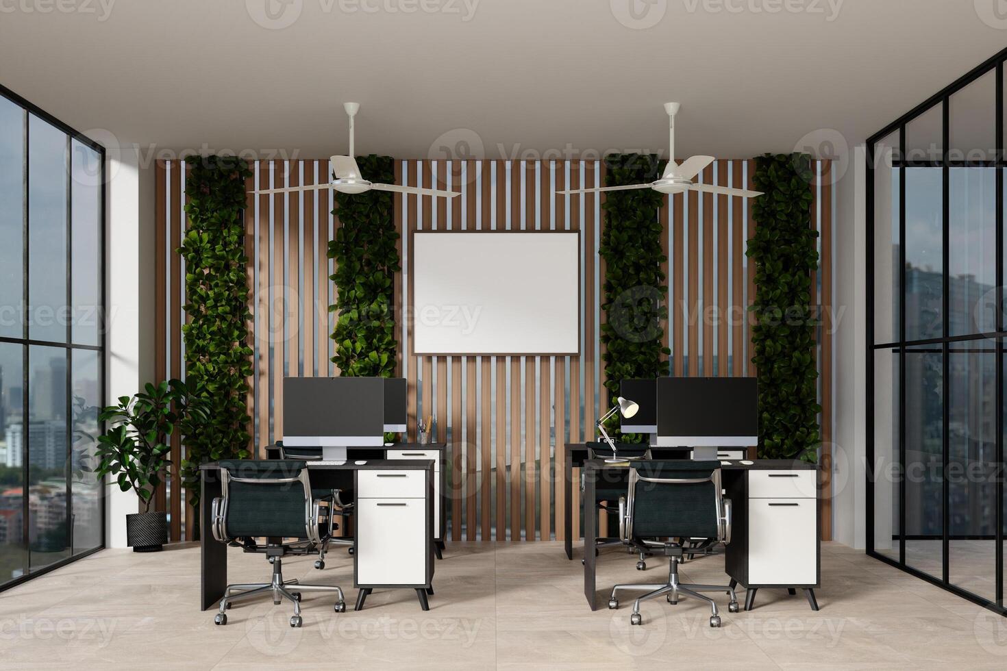 Sustainable office layout with modern elements and greenery. 3D render illustration photo