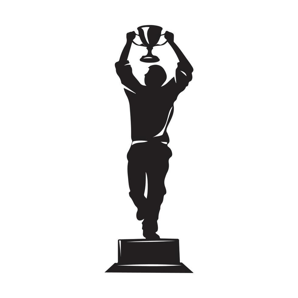 Victorious Hand Holding Trophy Silhouette, Achievement Celebration Success Image vector