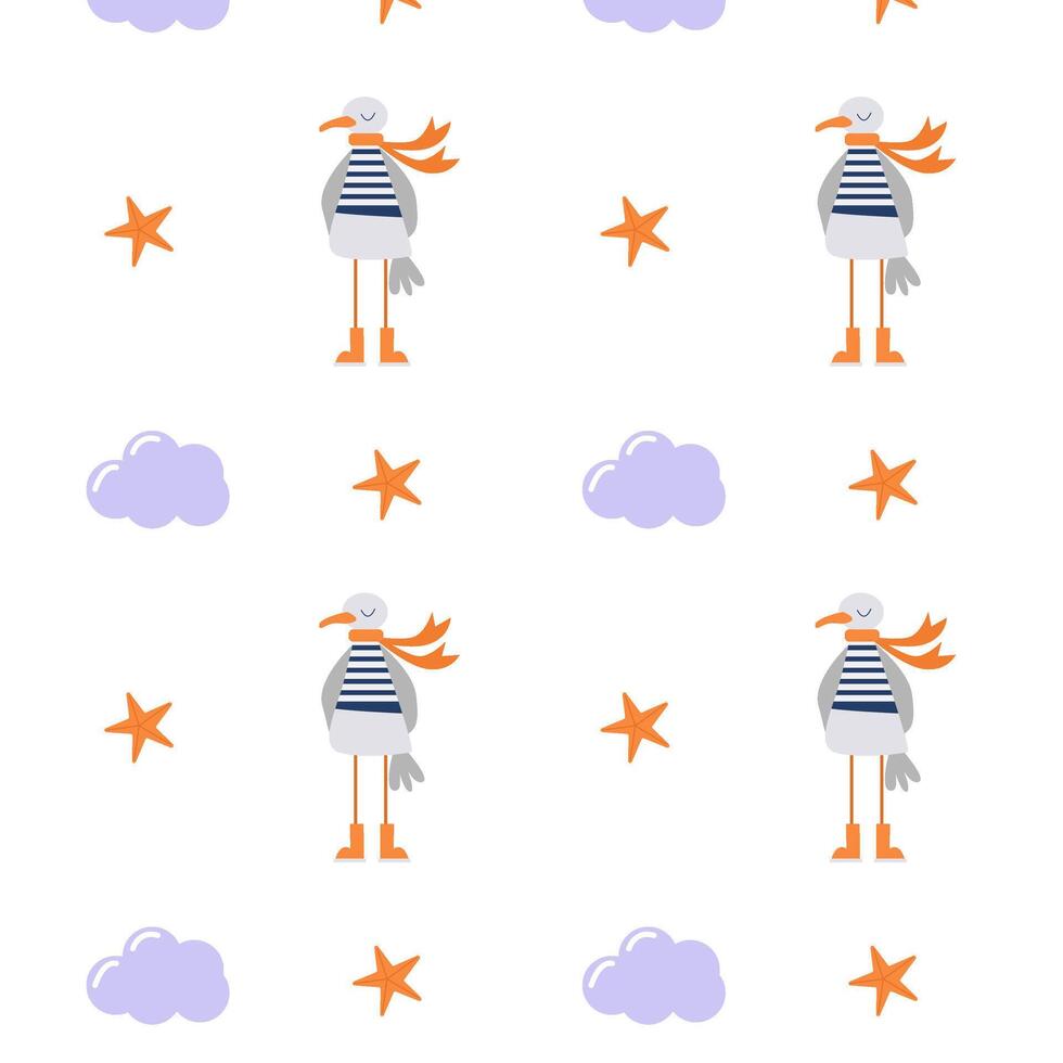 Summer pattern with a cute seagull in a scarf and a starfish vector