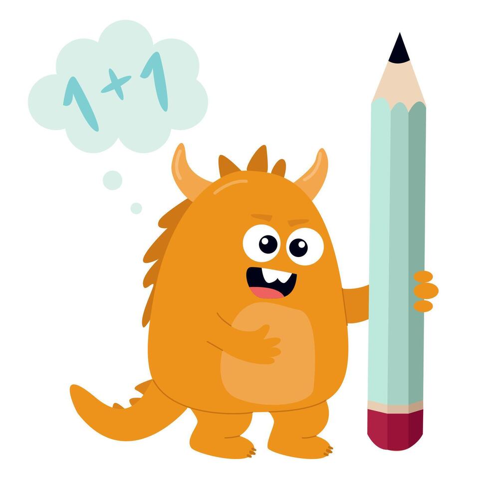 Cute school monster with a pencil thinking about a question before school starts vector