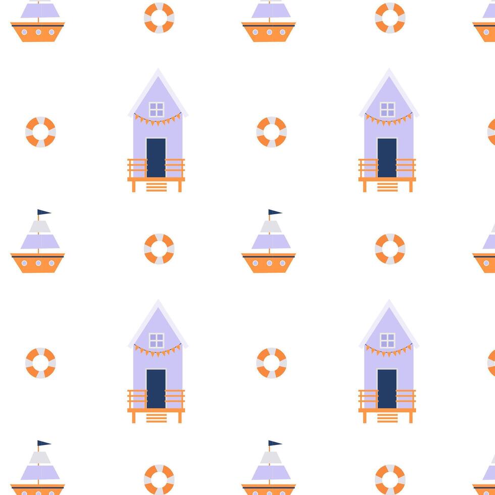 Sea pattern with a beach house and a small ship on a white background vector