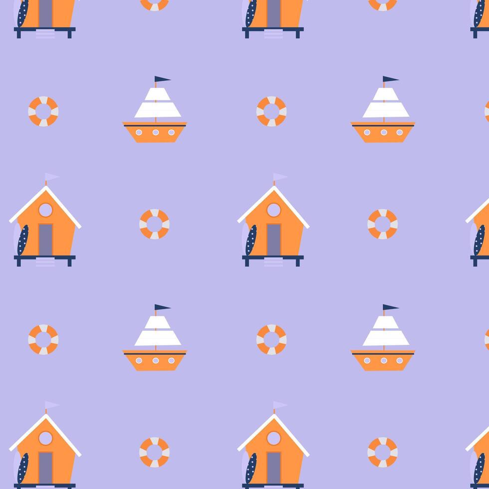 Children's pattern with a beach house and a small ship vector