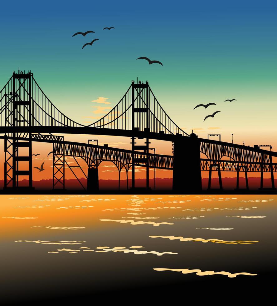 Illustration of Chesapeake Bay Bridge at dusk vector