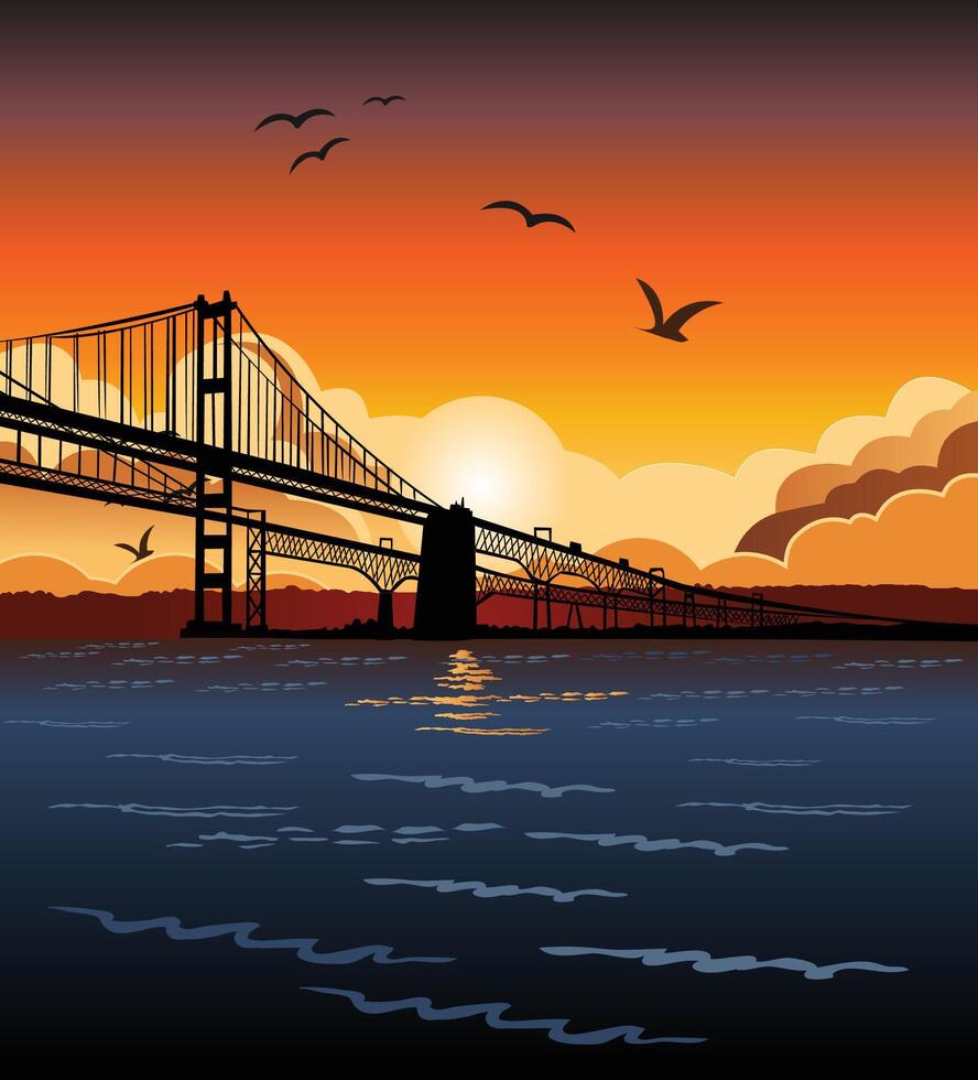 Sunset on Chesapeake Bay Bridge illustration vector