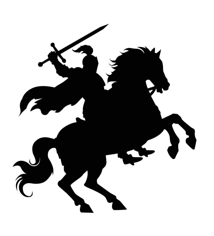 silhouette of a knight on horseback drawn sword vector