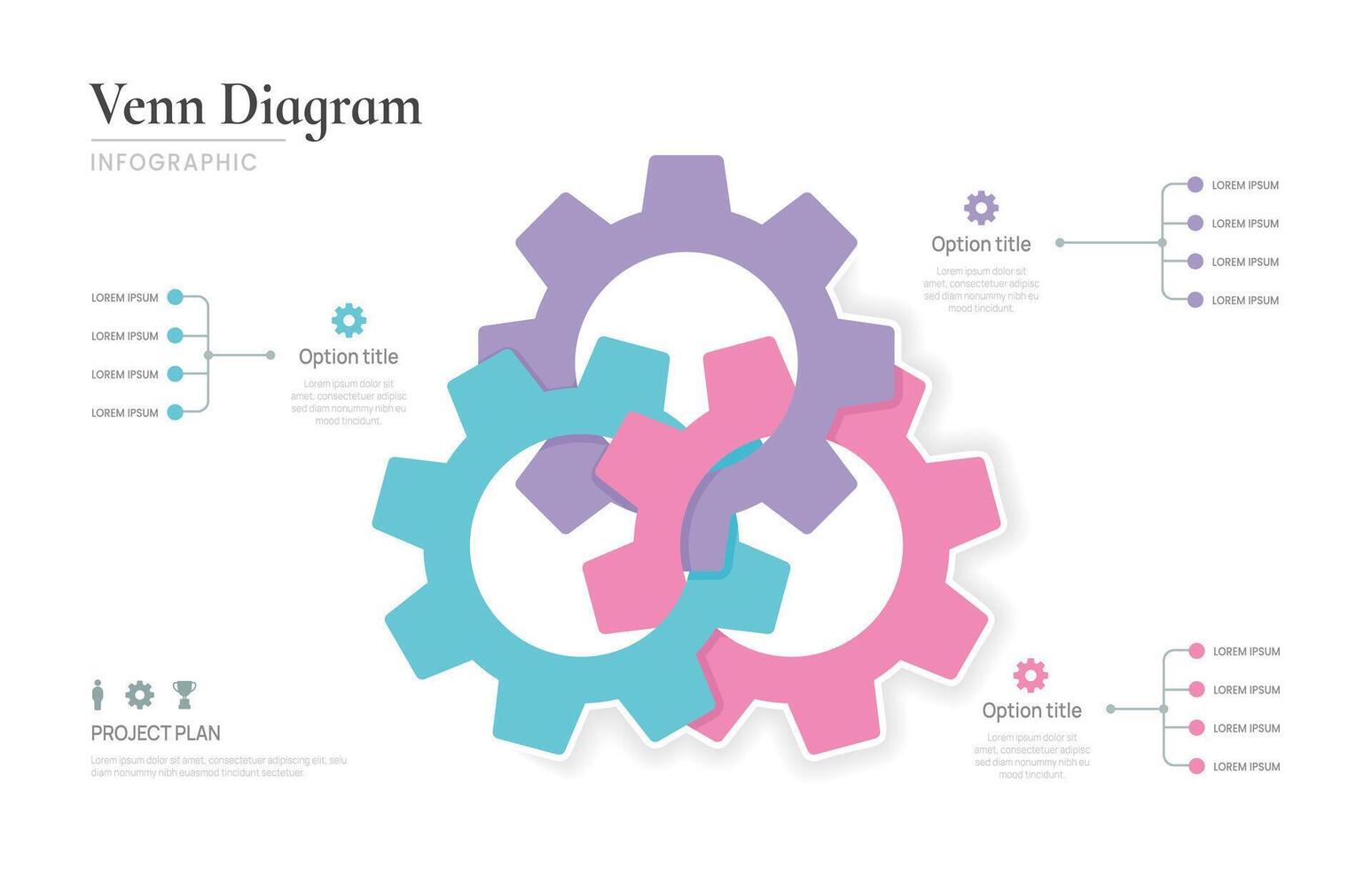 Venn diagram business infographic circle chart template 3 gear options, presentation with venn diagram elements illustration. vector