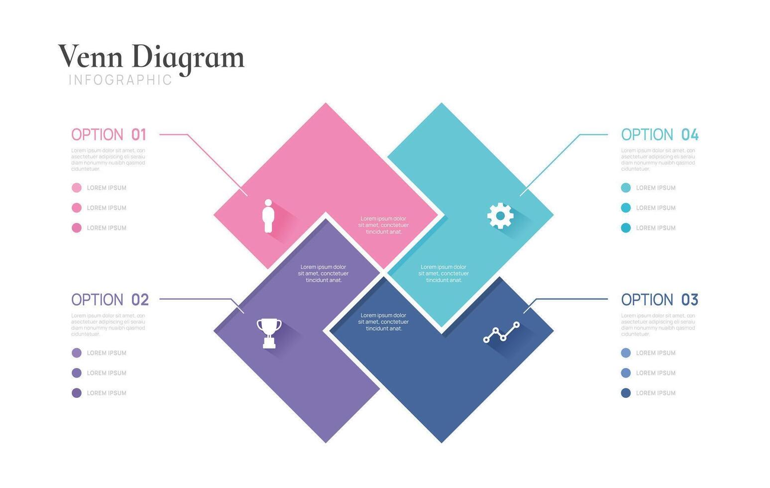Venn diagram infographic chart template for business 4 options presentation with icon elements. vector