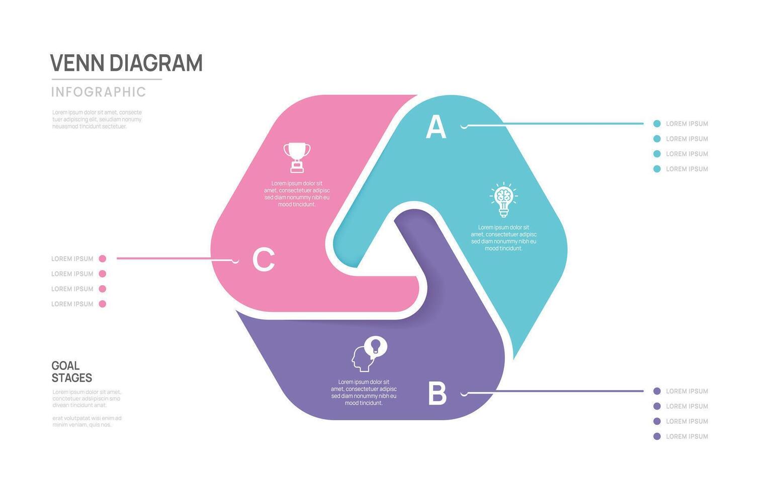 Venn diagram infographic chart template for business 3 step options presentation with icon elements illustration. vector