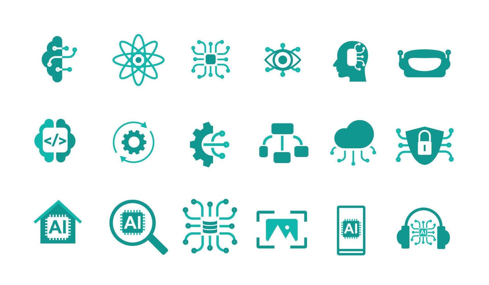 Artificial Intelligence Icon Set. Features editable icons for AI technology, machine learning, deep learning, robotics, and more. Perfect for presentations, websites, and app designs. vector