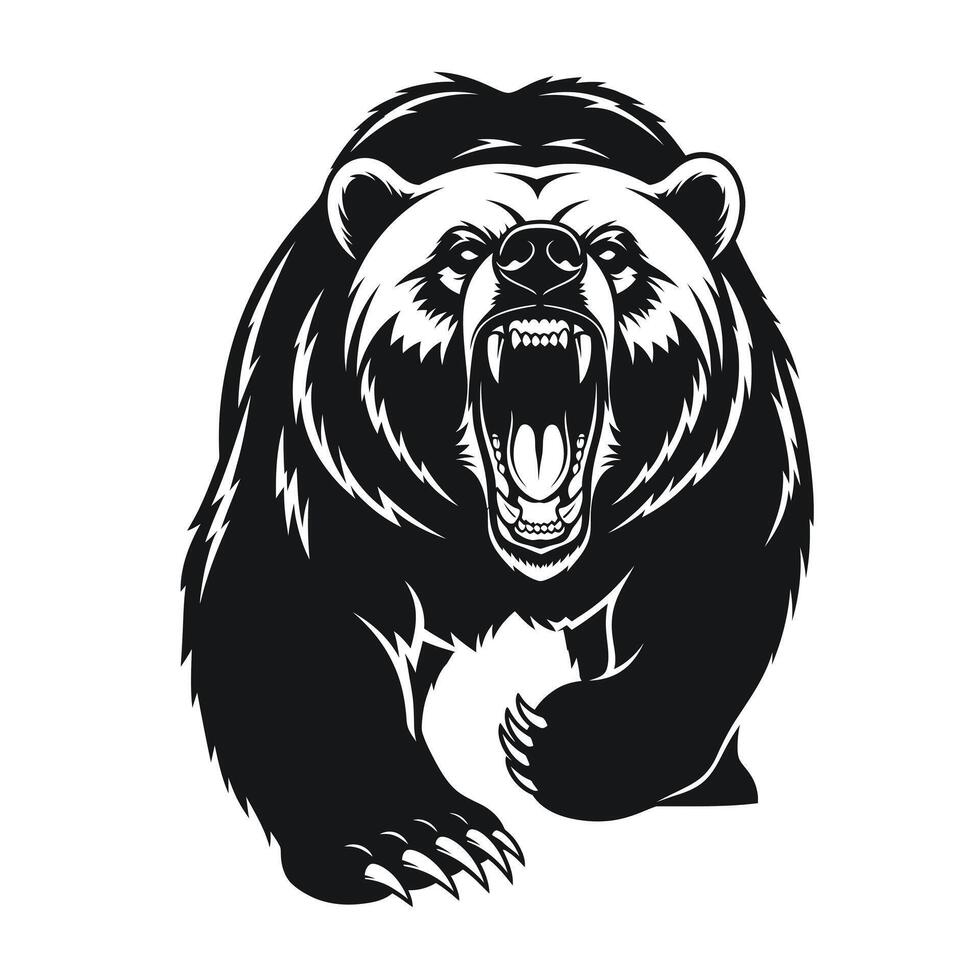 Roaring Grizzly Bear Black and White Illustration vector