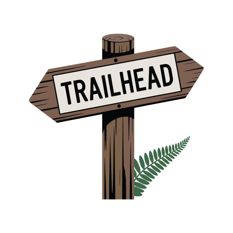 Brown Wooden Trailhead Sign with Green Fern wooden sign vector
