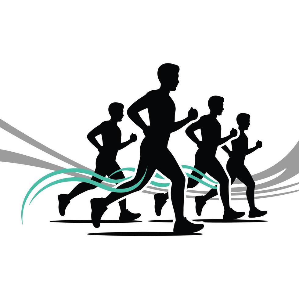 Four Men Running Marathon Race Silhouette Teal Gray vector