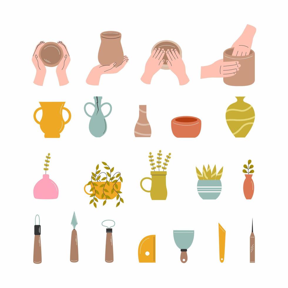 Pottery and gardening tools illustrations vector