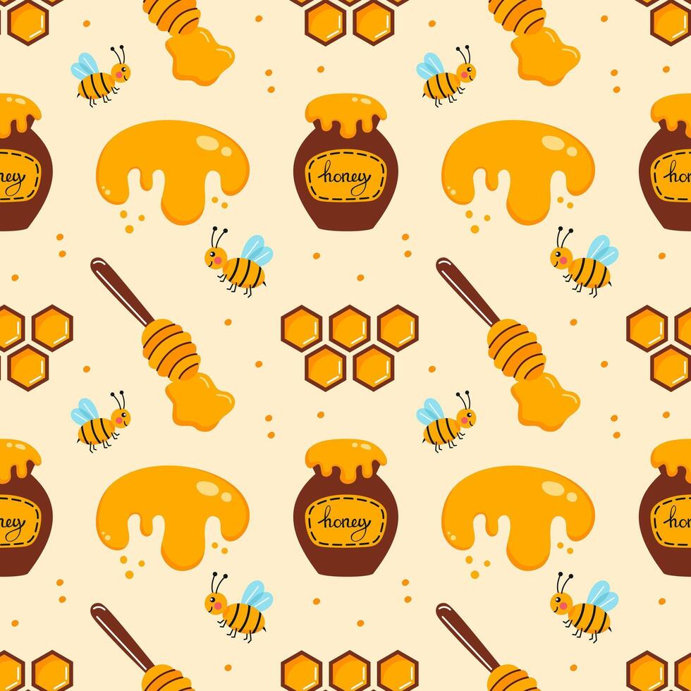 Honey bees and honey jars pattern vector