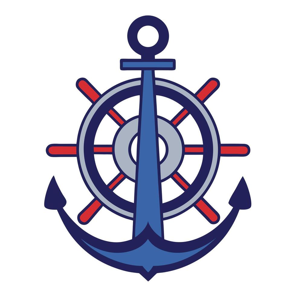Nautical Anchor and Ship Wheel Emblem maritime navy blue vector