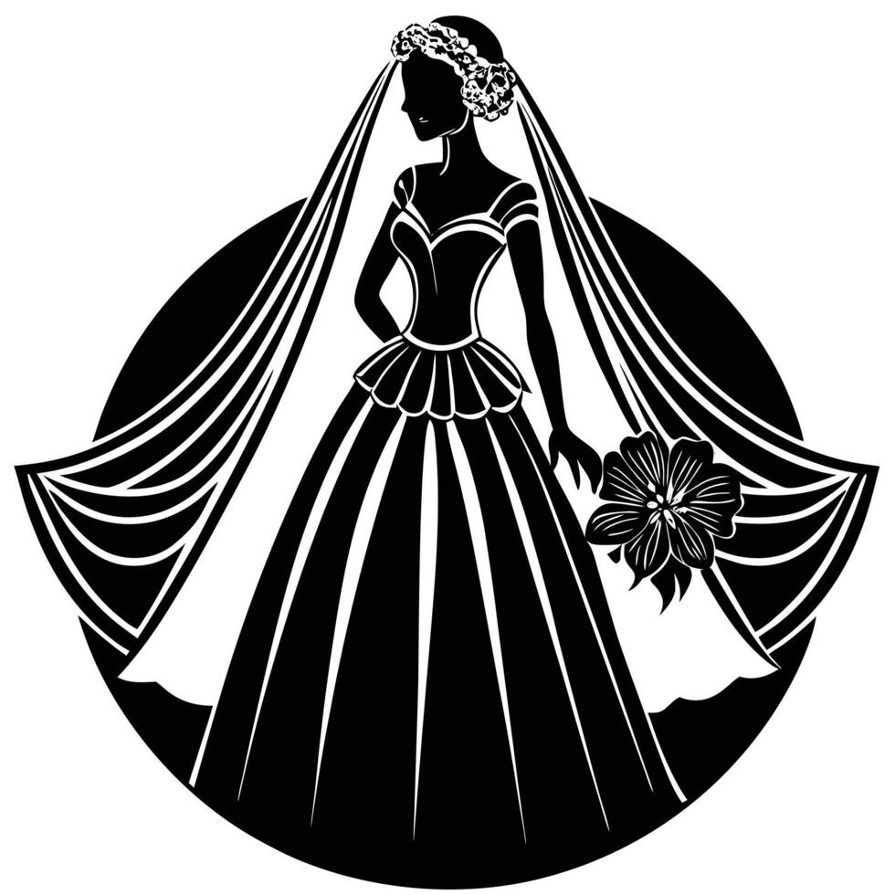 Black silhouette of a bride in a wedding dress holding a flower veil vector