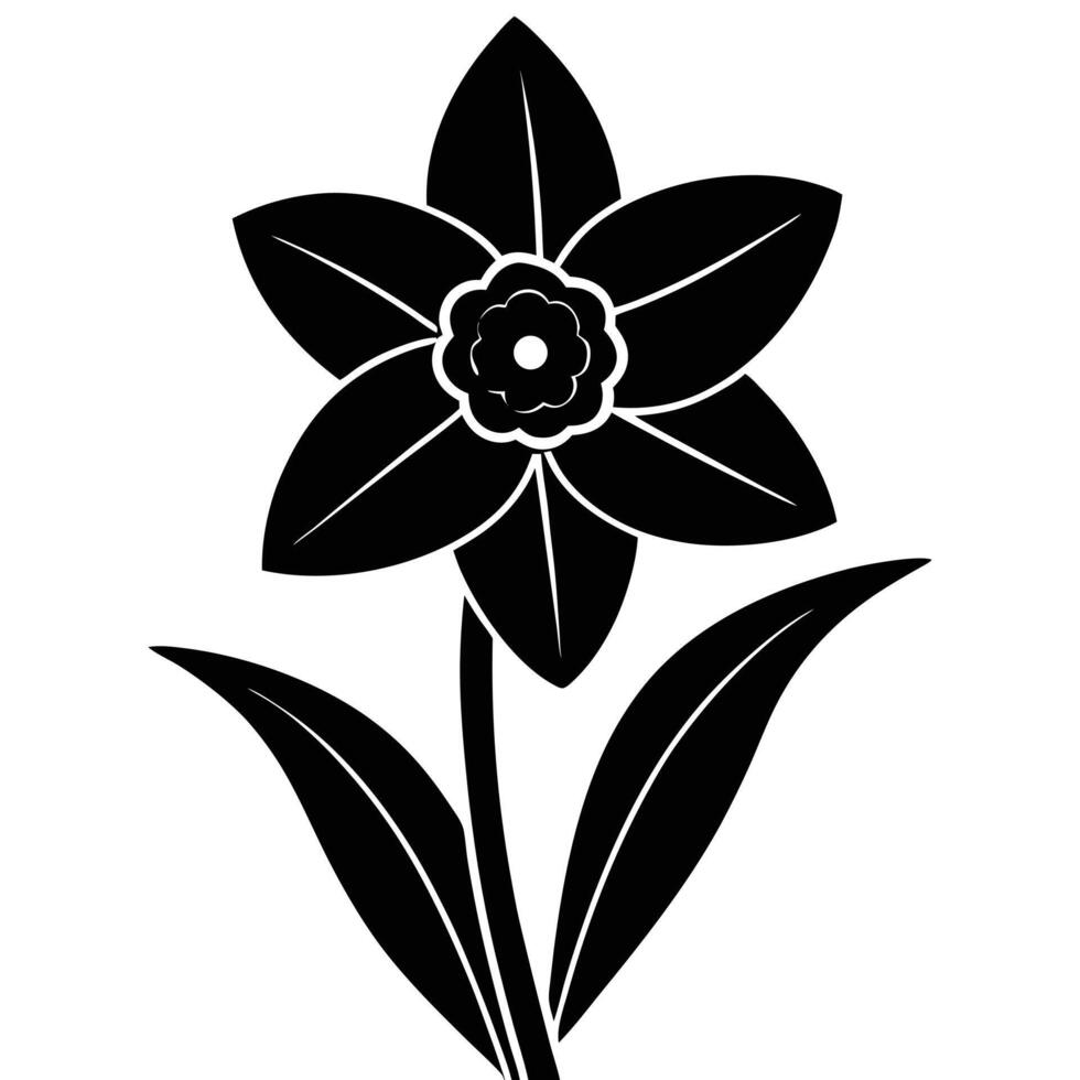 Black and white silhouette of a daffodil flower with leaves bloom blossom vector