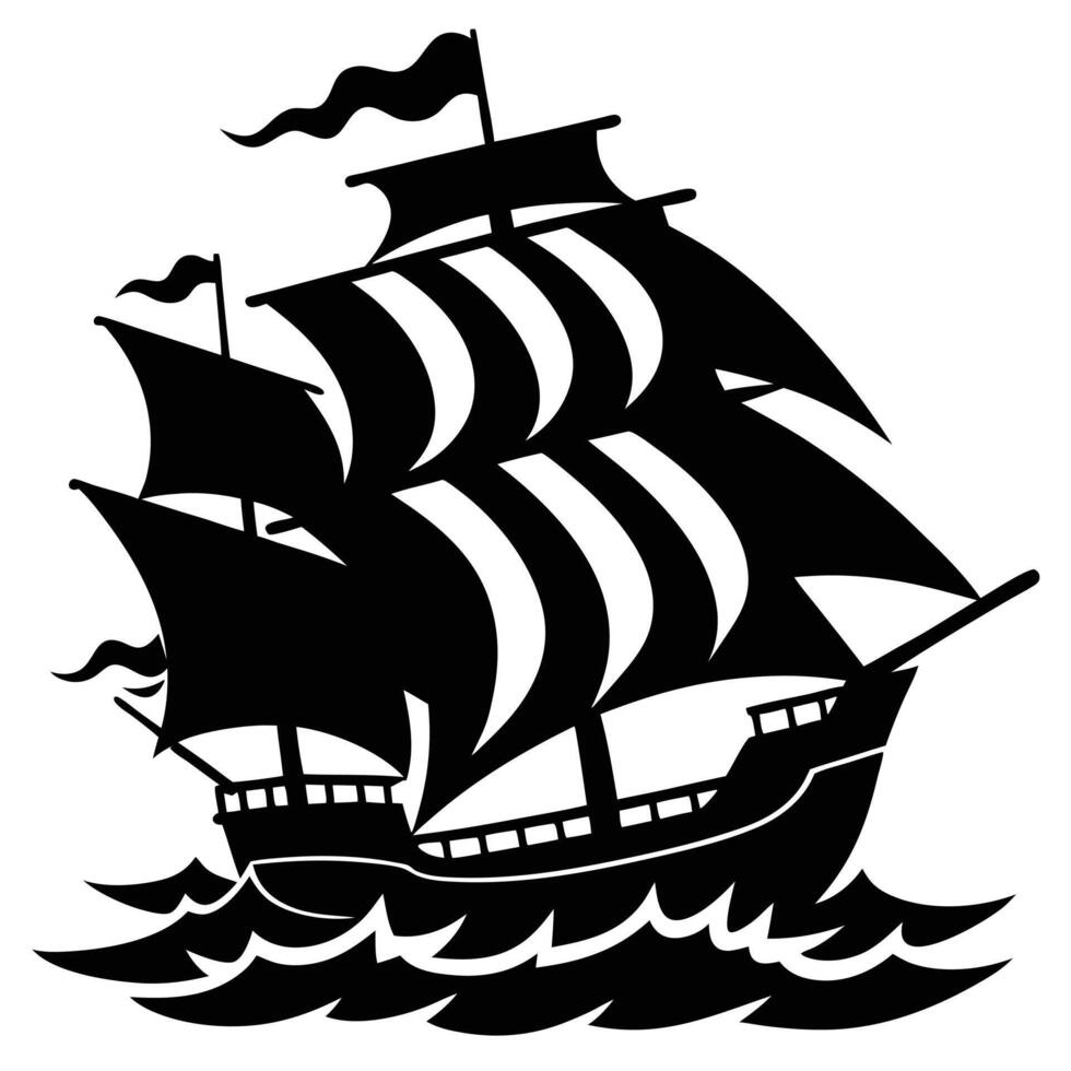 Black silhouette of a tall ship with billowing sails on wavy water sailing ship black and white vector