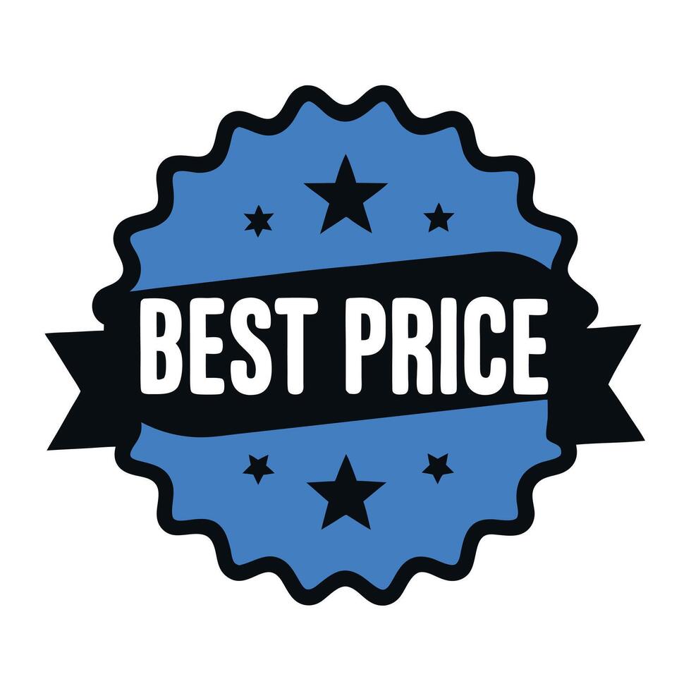 Blue and Black Badge with Best Price Text and Black Stars on White Background label vector