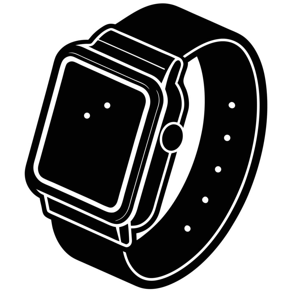 Black and white icon of a square smartwatch with a black band technology wearable vector