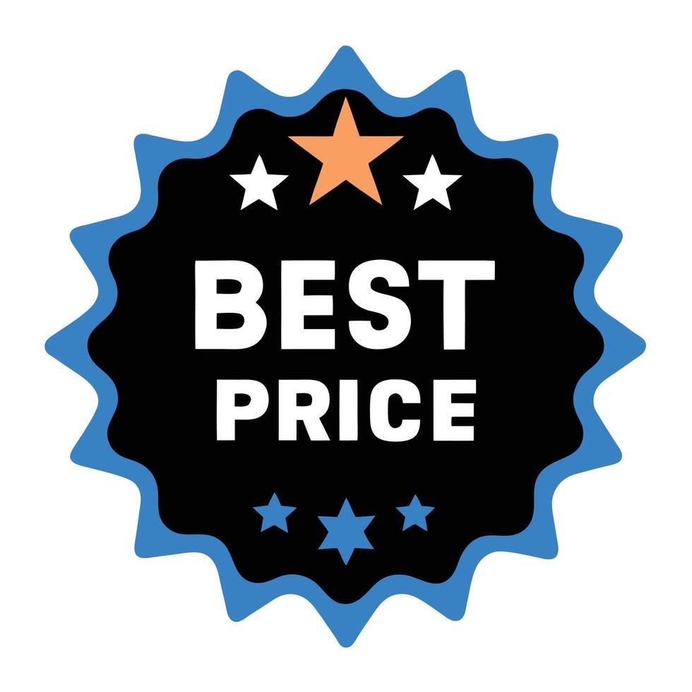 Blue and black badge with B E S T P R I C E text and star accents on white background vector