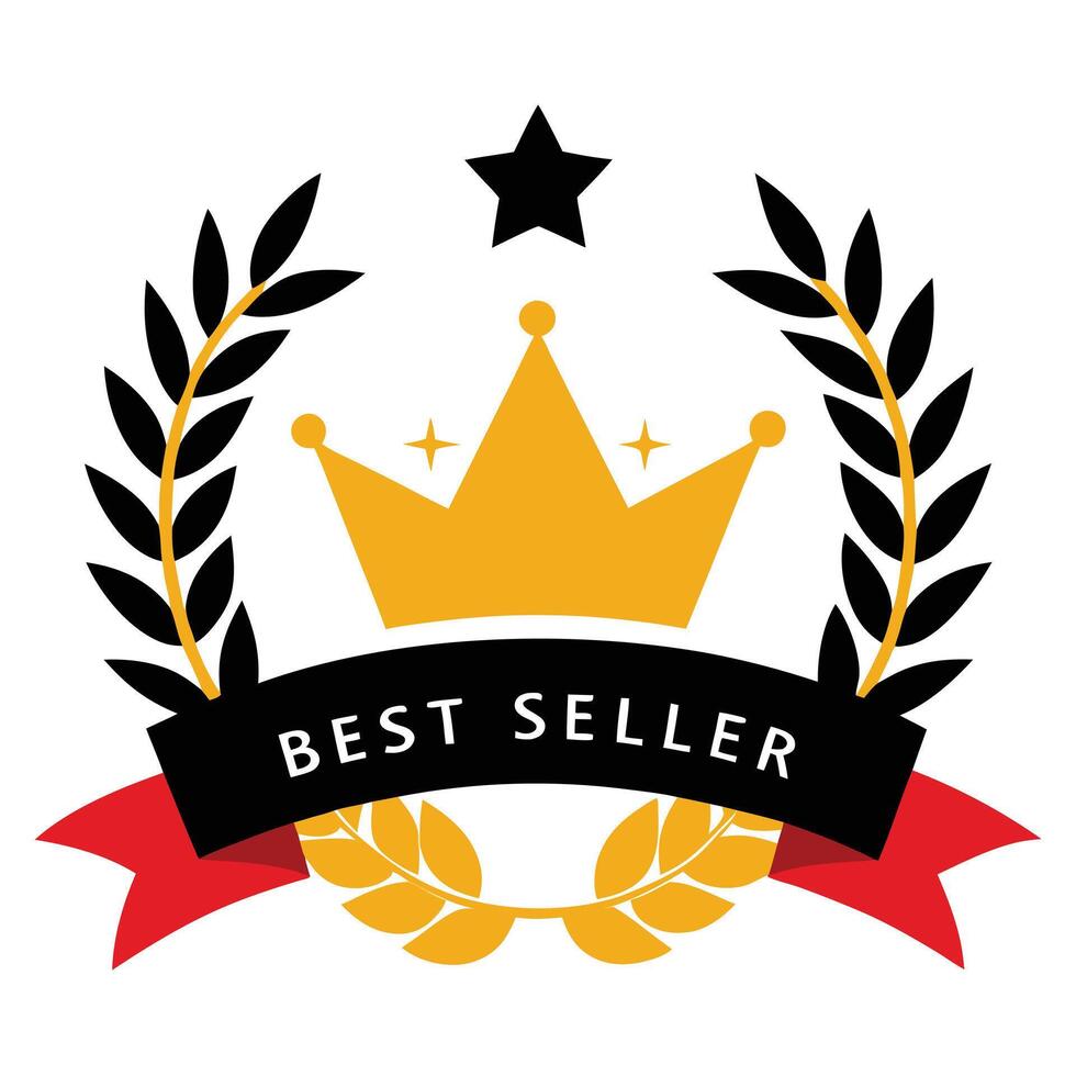 Best Seller Badge Illustration with Golden Crown Laurel Wreath and Black Star on White 1 vector