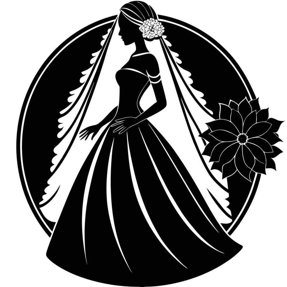Black silhouette of a bride in a wedding dress with veil and flower vector