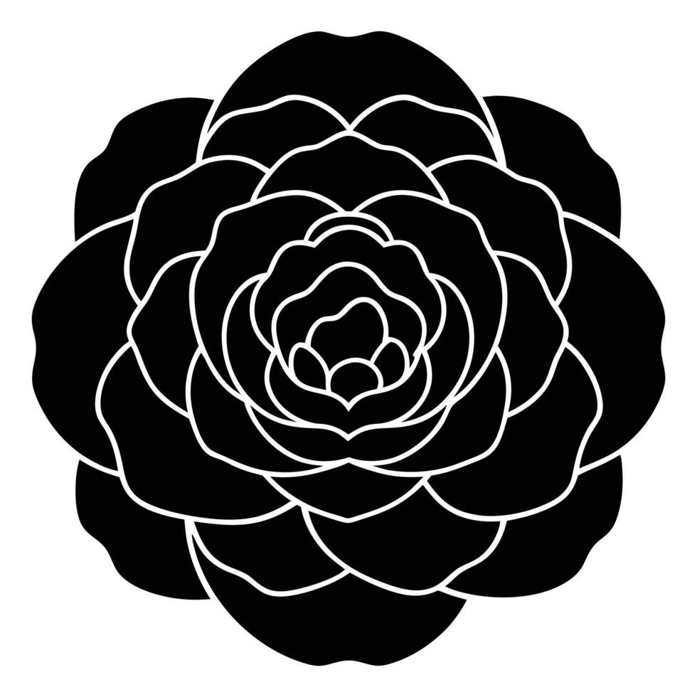 Black peony icon with layered petals and white outline flower symbol vector
