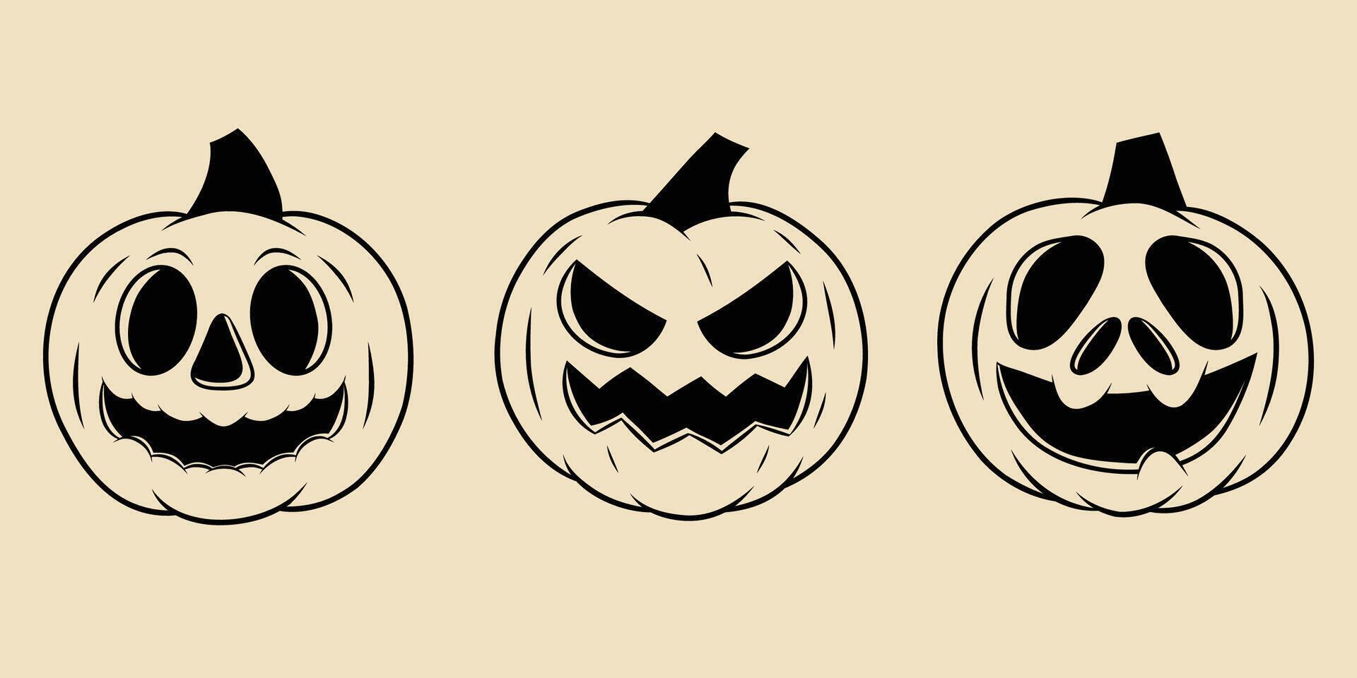Vintage carved pumpkin set vector